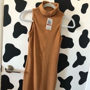 Tan Ribbed Turtleneck Sleeveless Dress